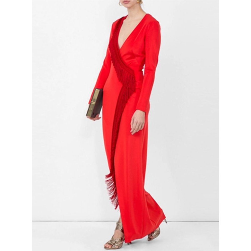 GALVAN Maxi Fringe Trimmed Dress Red